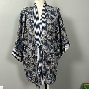 Manila Grace Women’s Cotton Kimono Blue floral and stripe OS